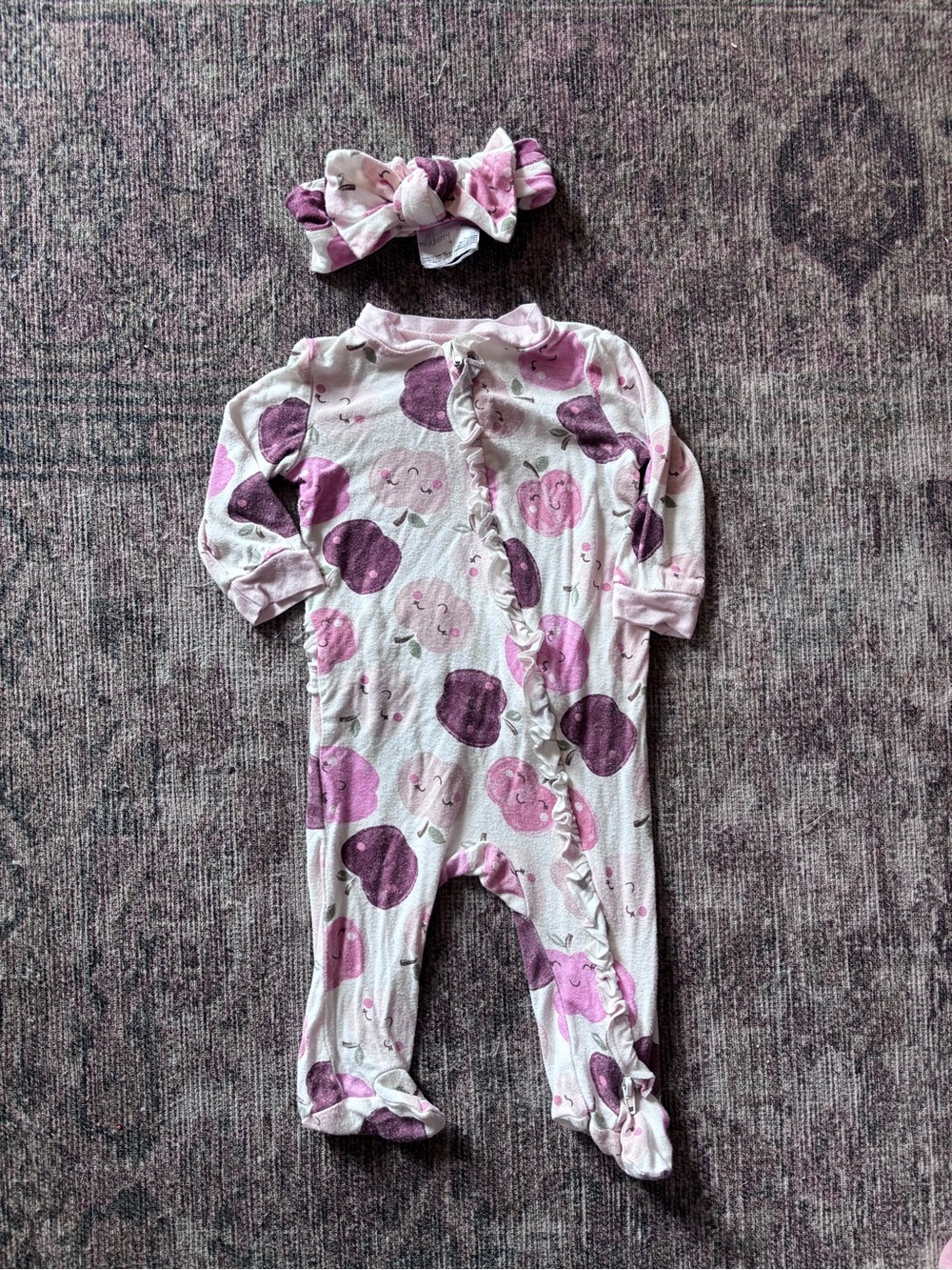 Milkberry Pink & Purple Apple-Print Footie with Headband